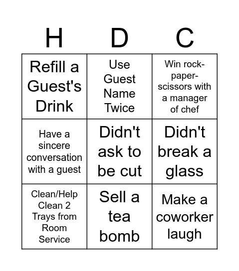 HDC Swampers Bingo Card