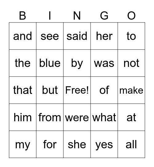 Sight Word Bingo Card