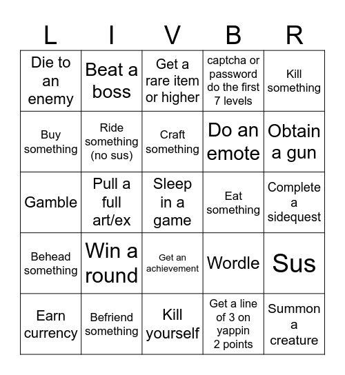 Bro V Bro bingo Card