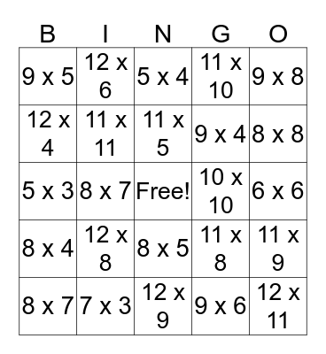 Multiplication Bingo Card