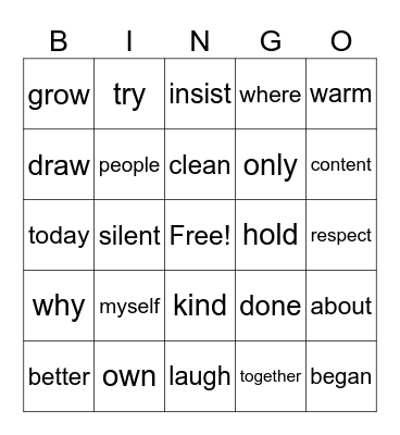Words to Read Bingo Card