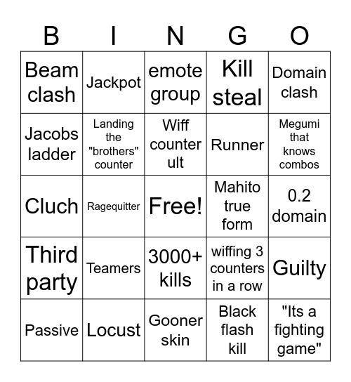 Jujutsu Shinanagans BINGO Card