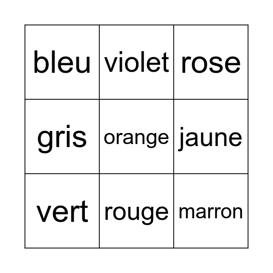 Les Couleurs Bingo Card
