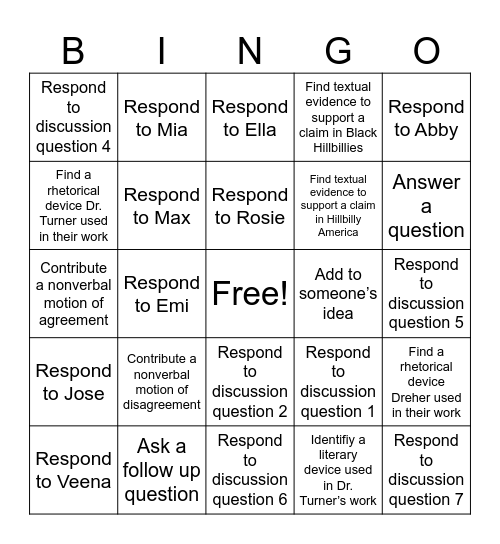 Discussion Bingo Card