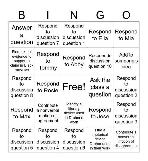 Discussion Bingo Card
