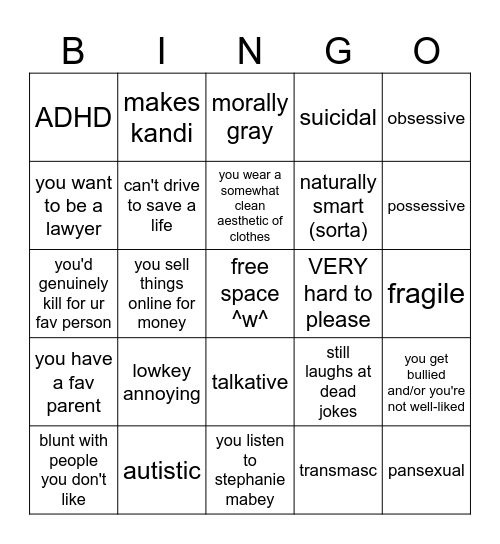 oliver kinnie bingo! <3 Bingo Card