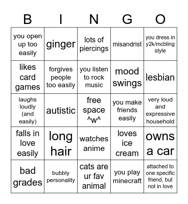 nat kinnie bingo! <3 Bingo Card