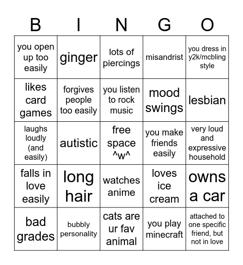nat kinnie bingo! <3 Bingo Card