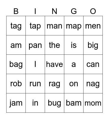 CVC & sight words Bingo Card