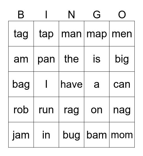 CVC & sight words Bingo Card