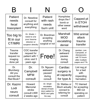 Transfer Center Bingo Card