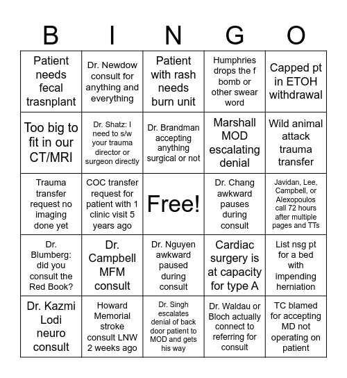 Transfer Center Bingo Card