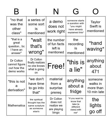 Physics 123 Bingo Card