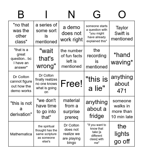 Physics 123 Bingo Card