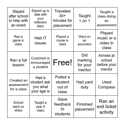 Placement Bingo Card