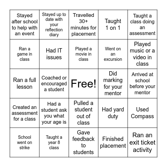 Placement Bingo Card