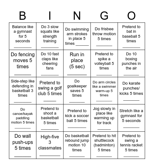 Let's Get Physical! Bingo Card