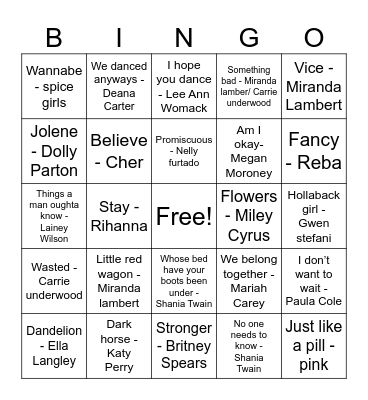 Female Artist Music Bingo Card