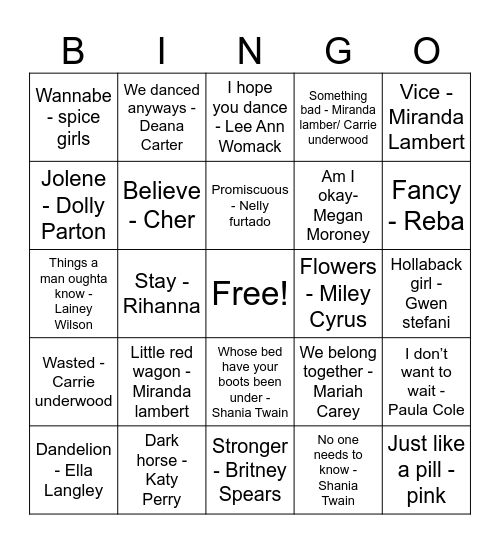 Female Artist Music Bingo Card
