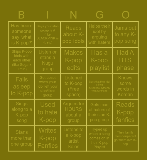 K-Pop Bingo Card