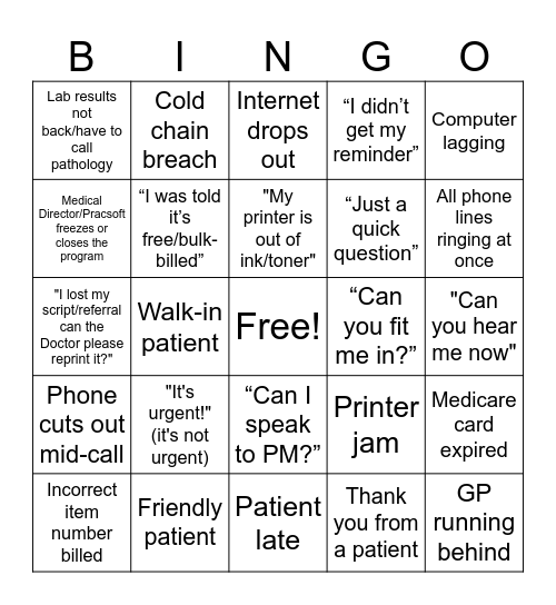 Medical Receptionist Bingo Card