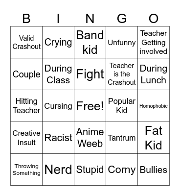 School Crashout Bingo Card