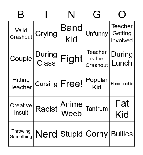 School Crashout Bingo Card
