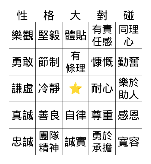 性格特質大對碰 Bingo Card