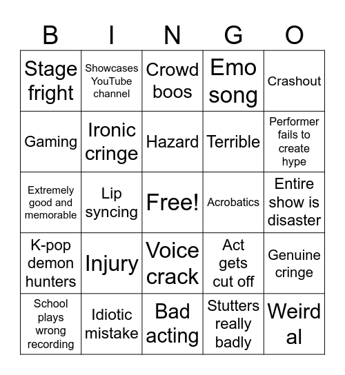 Talent show Bingo Card