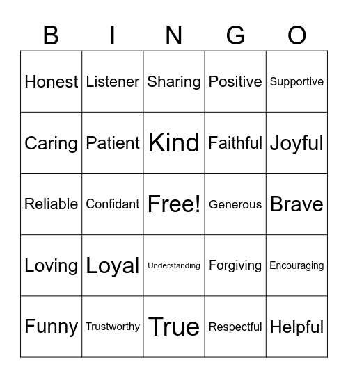 Great Friend Bingo Card
