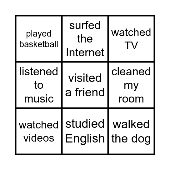 Activities Bingo Card