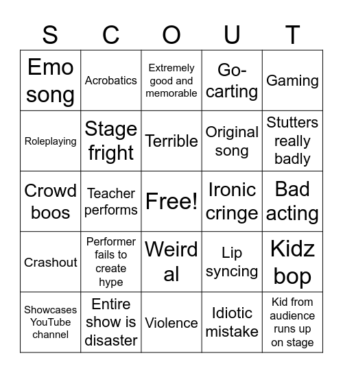 Talent show Bingo Card