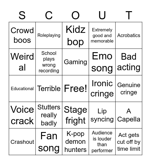 Talent show Bingo Card