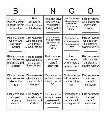 Element Explorer Bingo Card
