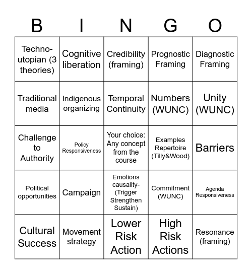 Movement Bingo Card