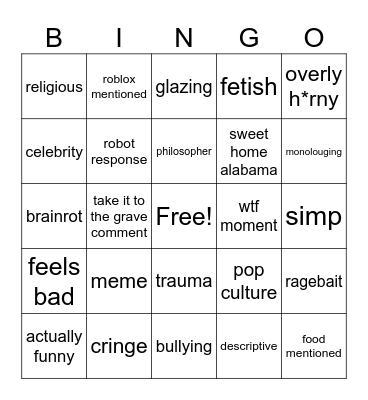 the one phub bingo list that that duckydee done Bingo Card