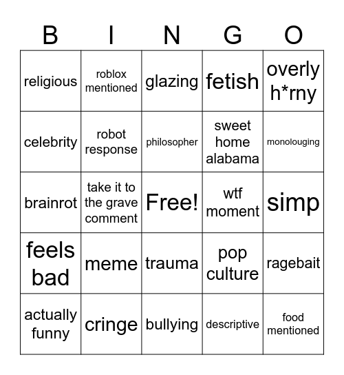 the one phub bingo list that that duckydee done Bingo Card