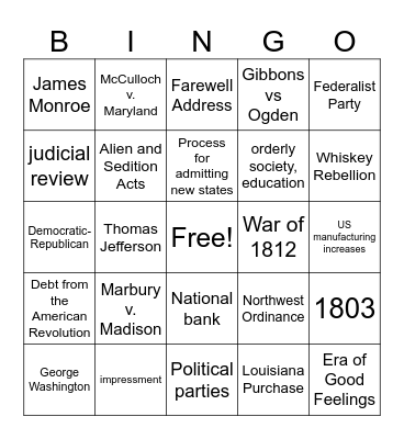 Early Republic Bingo Card