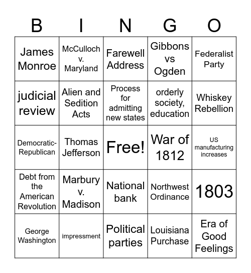 Early Republic Bingo Card