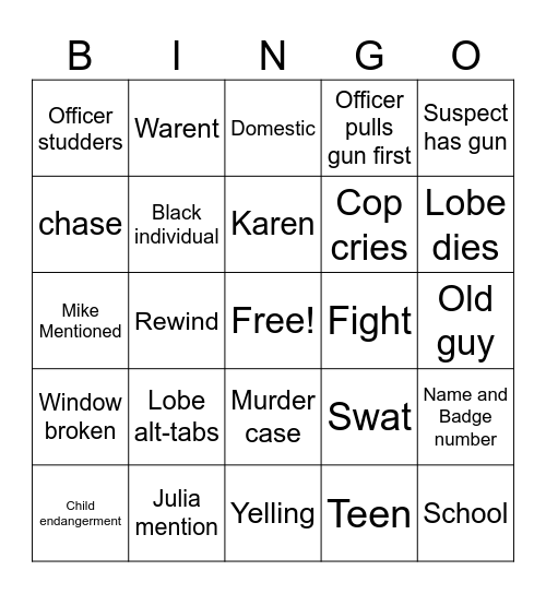 Cop Video Bingo Card