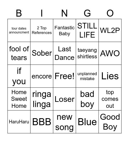 Big Bang Set List Bingo Card