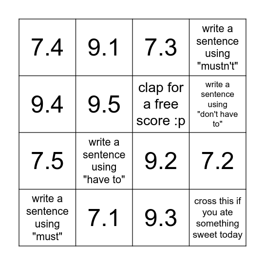 PT 1 mustn't / don't have to Bingo Card