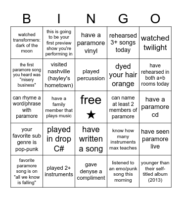 paramore rehearsal bingo Card