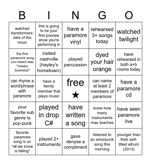 paramore rehearsal bingo Card