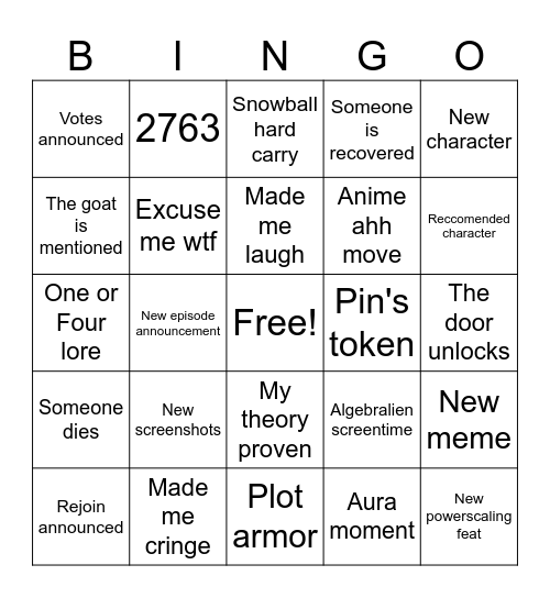 TPOT 22 Bingo Card