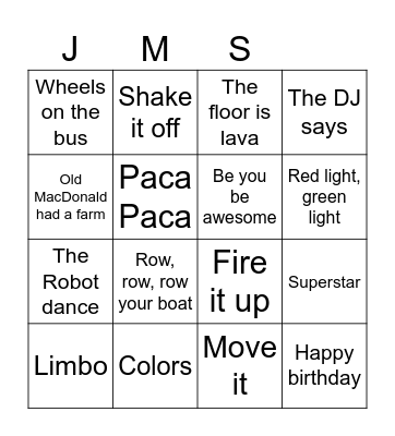 Dance Bingo Card