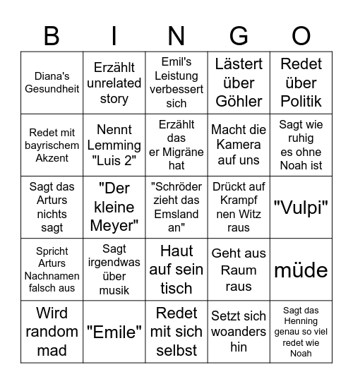 Schlieker bingo Card