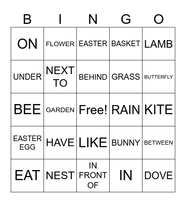 SPRING & PREPOSITIONS & VERBS Bingo Card