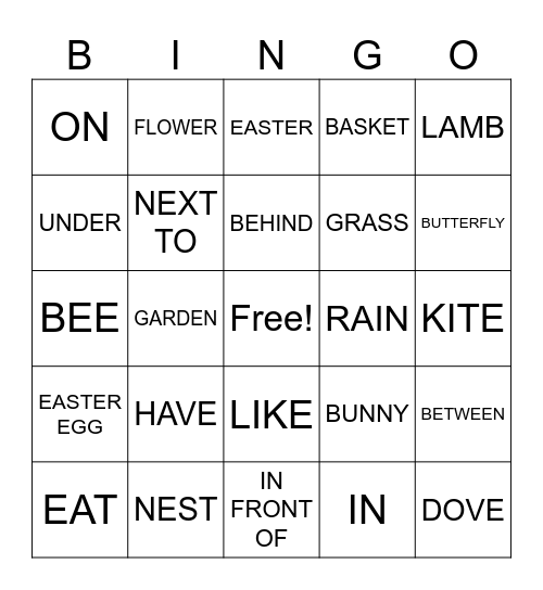 SPRING & PREPOSITIONS & VERBS Bingo Card