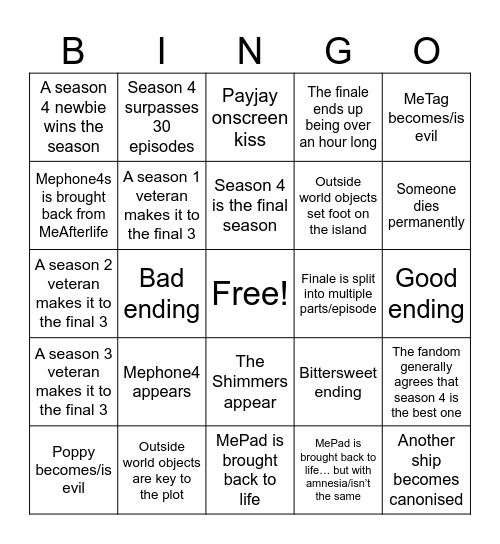 II Season 4 Predictions Bingo Card